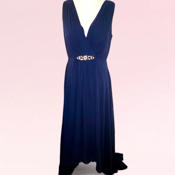 Eliza J Navy Blue Embellished High/Low Chiffon Dress - Picture 2 of 8